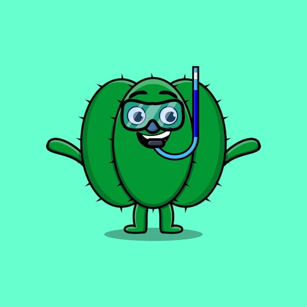 Lindo buzo de cactus de dibujos animados con vaso de natación en un diseño de estilo plano moderno