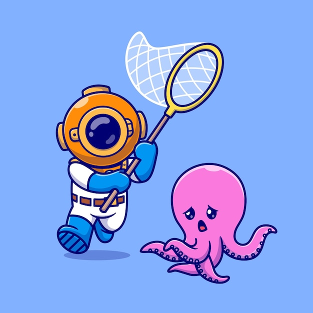 Lindo buzo capturando pulpo con red de pesca dibujos animados vector icono ilustración ciencia animal plano