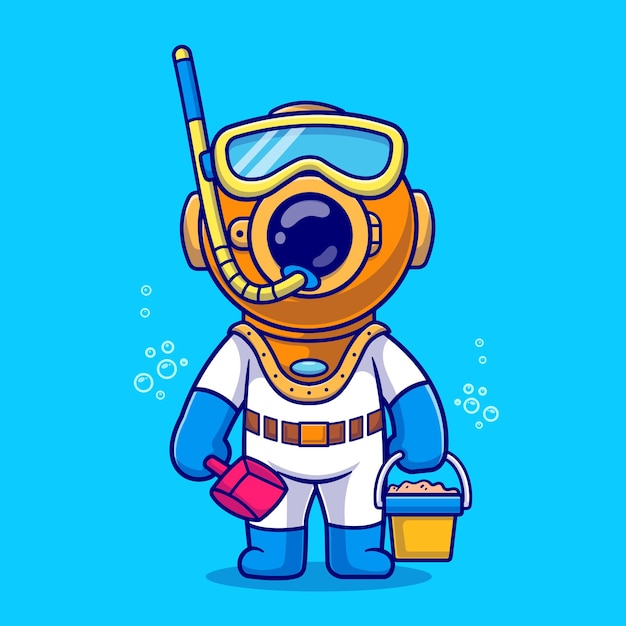 Lindo buzo haciendo snorkel con pala y cubo de arena Dibujos animados VectorIcon Ilustración Ciencia Vacaciones