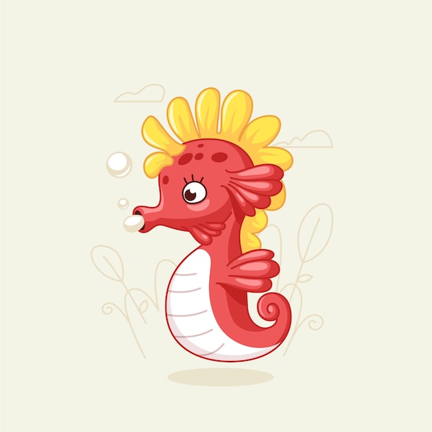 Lindo caballito de mar rojo dibujado a mano ilustración vectorial de dibujos animados para la vida marina
