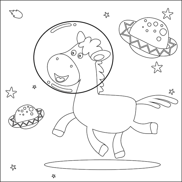 lindo caballo astronauta flotando en el espacio para niños actividad libro o página para colorear