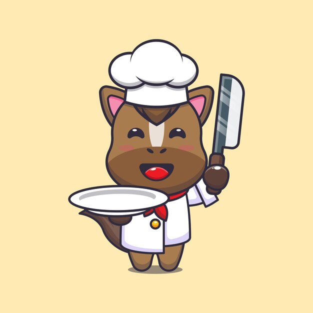 lindo caballo chef mascota personaje de dibujos animados con cuchillo y plato