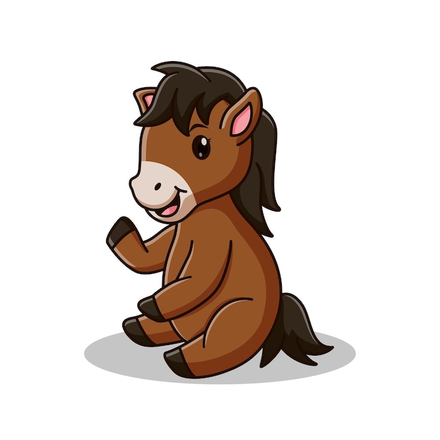 Lindo Caballo De Dibujos Animados Sentado Aislado Sobre Fondo Blanco. Concepto de icono de animales