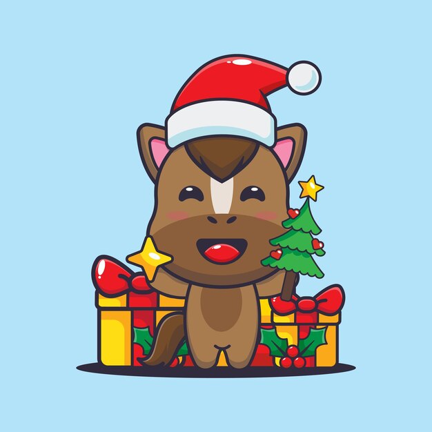 Lindo caballo con estrella y árbol de navidad. Linda ilustración de dibujos animados de Navidad.