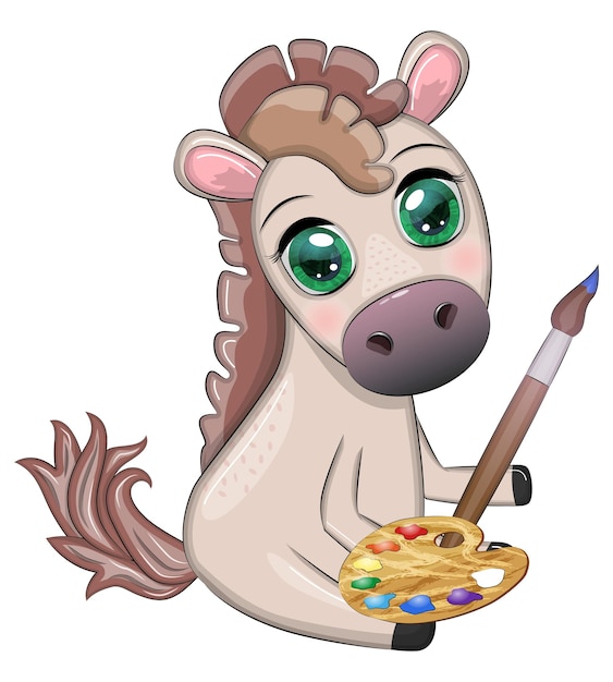 Lindo caballo con paleta de pintura y pincel artista personaje ilustración infantil