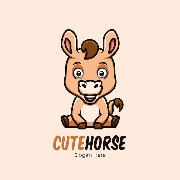 Lindo Caballo Sentado Con Logotipo Ilustración Dibujos Animados Feliz