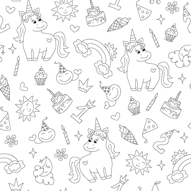 Lindo caballo unicornio de dibujos animados atributos de cumpleaños Patrón Garabatos mágicos de vacaciones para niños