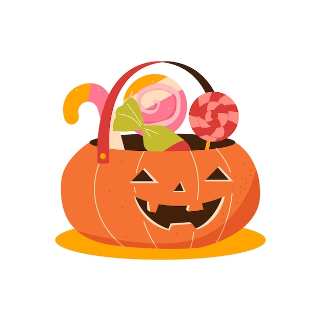 Lindo cabeza de calabaza con dulces dulce calabaza en fondo blanco con dulces