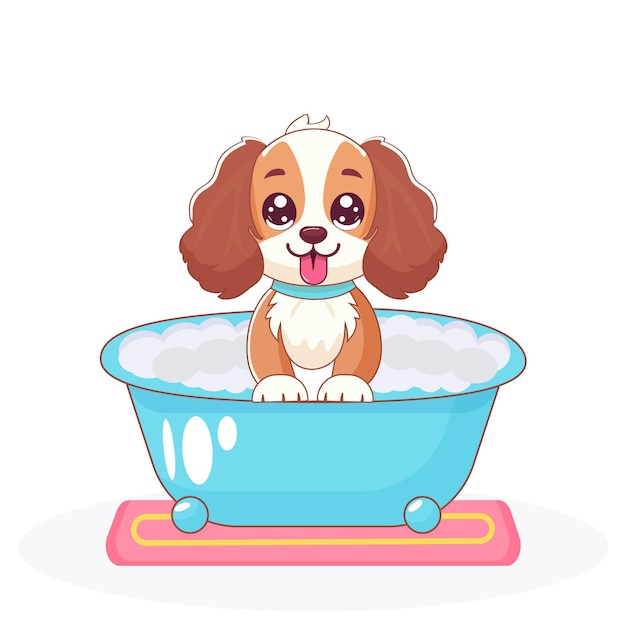 un lindo cachorro en el baño aislado en un fondo blanco ilustración vectorial plana