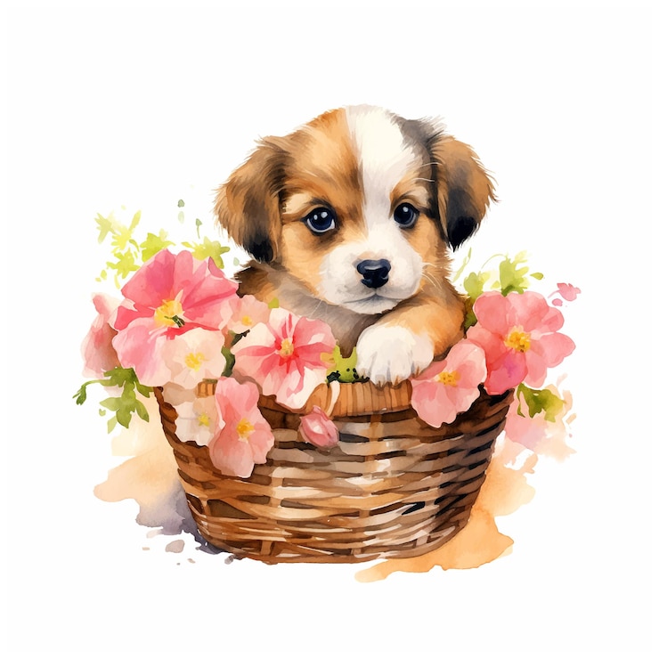 Vector un lindo cachorro dentro de una canasta de flores con acuarela.