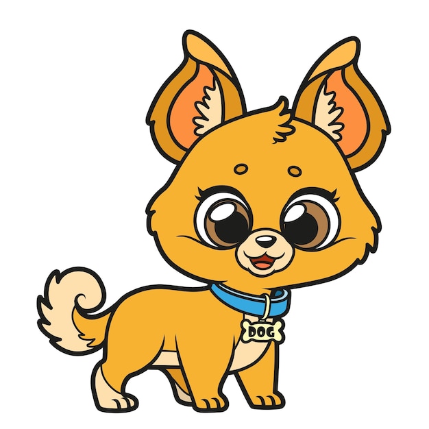 Un lindo cachorro de dibujos animados en un collar con un colgante en un fondo blanco