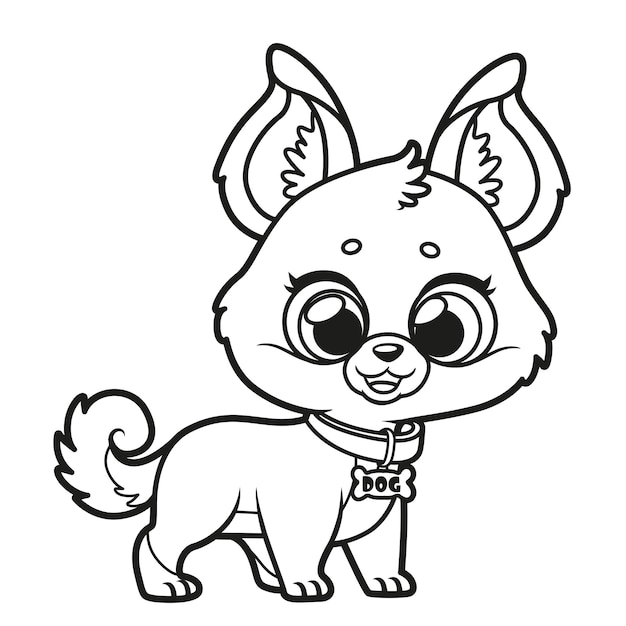 Un lindo cachorro de dibujos animados en un collar con un contorno de colgante para colorear sobre un fondo blanco