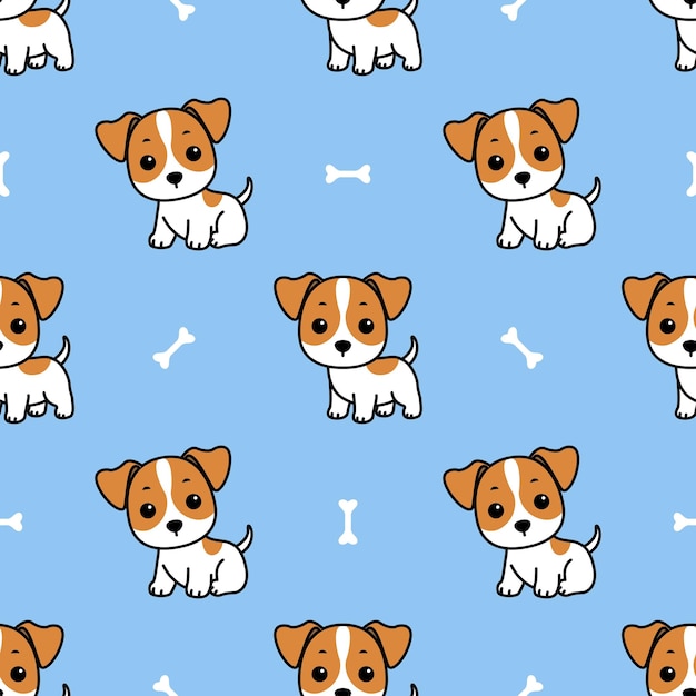 El lindo cachorro de Jack Russell de dibujos animados de fondo azul con ilustración vectorial de patrón sin costuras