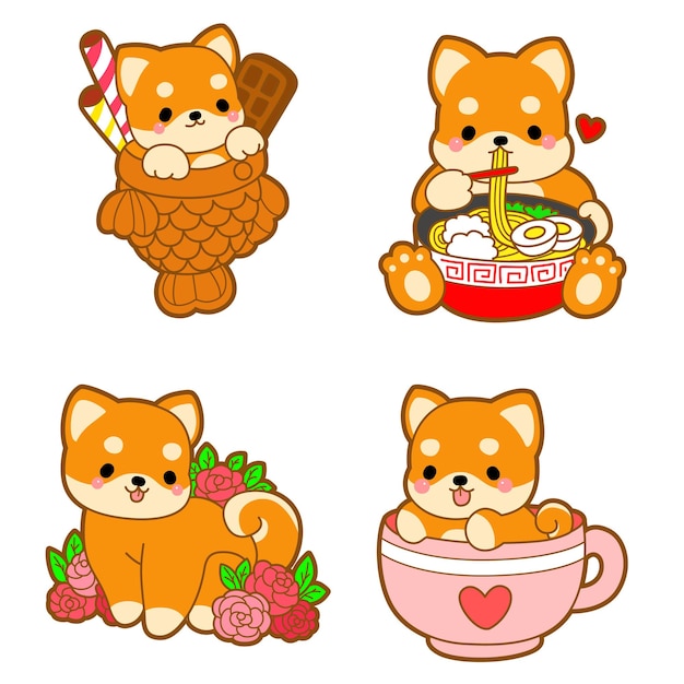 Lindo cachorro kawaii perro encantador animal icono vectorial Shiba Inu peludo pegatinas para mascotas Perro feliz