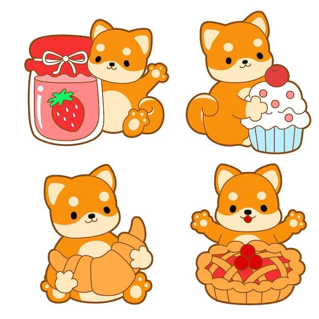 Lindo cachorro kawaii perro encantador animal icono vectorial Shiba Inu peludo pegatinas para mascotas Perro feliz
