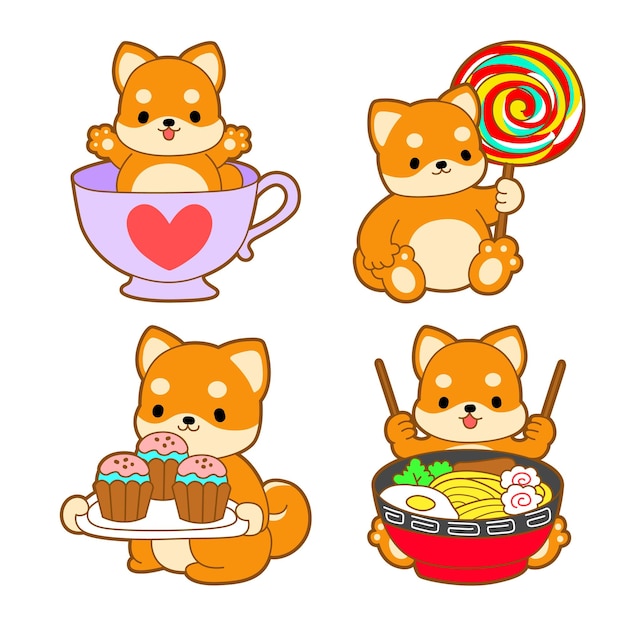 Lindo cachorro kawaii perro icono vectorial de animal encantador Sticker de mascotas Shiba Inu esponjoso Actividades felices para perros
