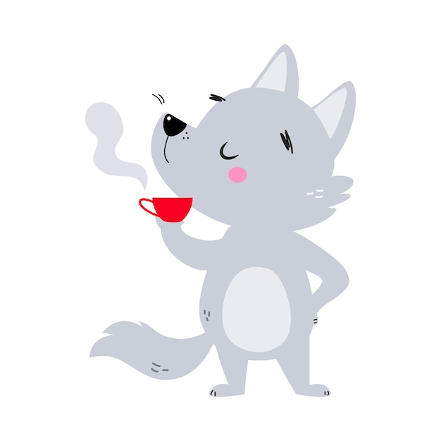 Lindo cachorro de lobo con abrigo gris bebiendo té caliente y humeante con ilustración vectorial de taza