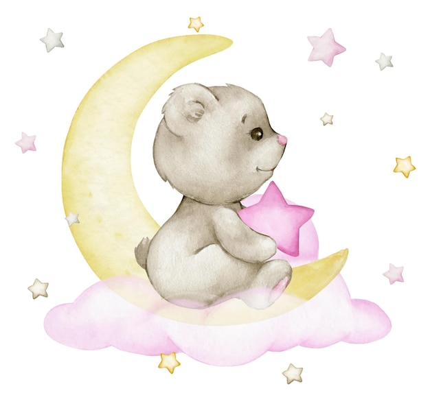 Un lindo cachorro de oso está sentado en una nube y la luna sostiene una estrella rodeada de estrellas coloridas Clipart de acuarela de un animal del bosque