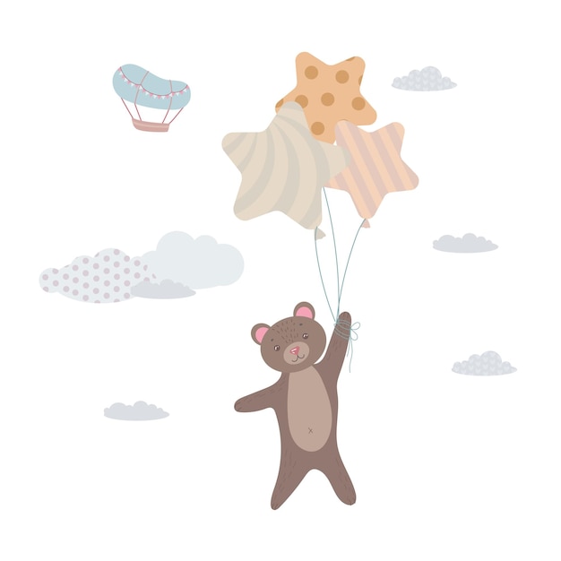 Lindo cachorro de oso vuela en globos Oso pardo entre las nubes Globos y dirigible Ilustración infantil Lindo vector de impresión Aislado en un fondo blanco