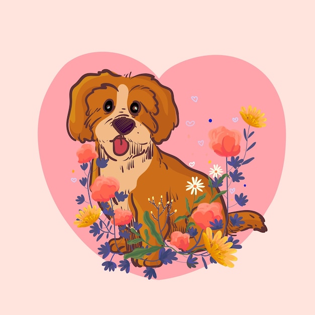 Lindo cachorro de perro con flores florales y hojas ilustración vectorial dibujada a mano mascota de dibujos animados Doodle