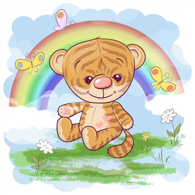 Lindo cachorro de tigre con el arco iris. estilo de dibujos animados