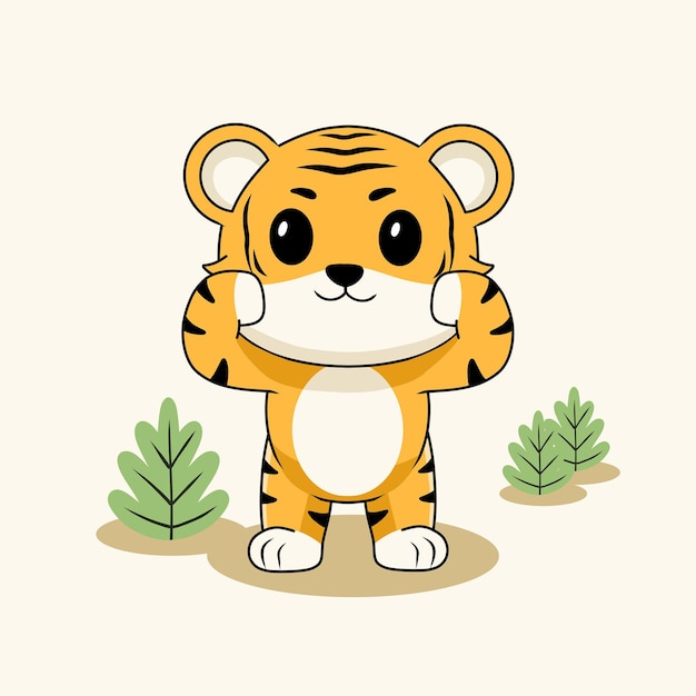 El lindo cachorro de tigre de dibujos animados sonriendo y aplaudiendo con los árboles