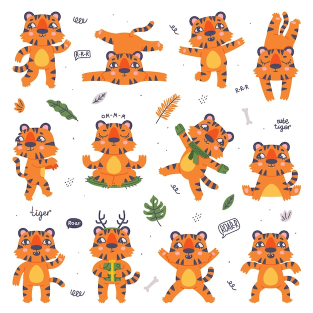 El lindo cachorro de tigre rayado con el conjunto vectorial de pelaje naranja