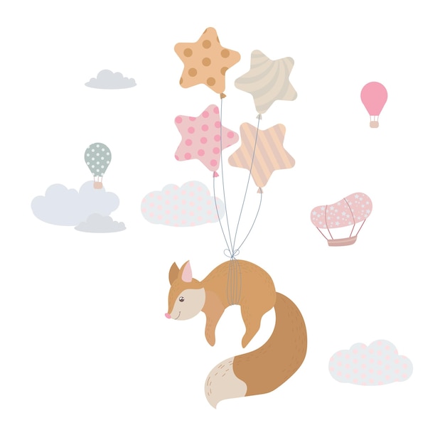 Un lindo cachorro de zorro está volando en globos Zorro rojo entre las nubes Globos y dirigible Ilustración infantil Lindo vector de impresión Aislado en un fondo blanco