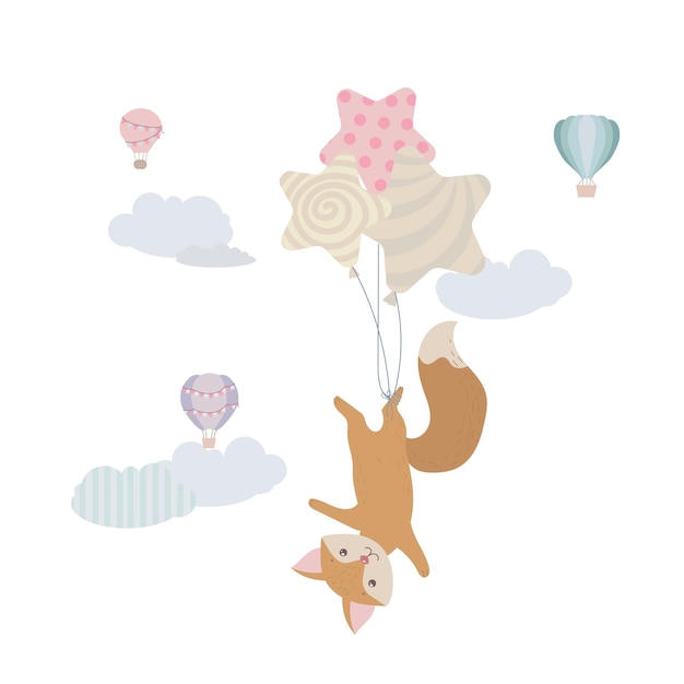 Un lindo cachorro de zorro está volando en globos Zorro rojo entre las nubes Globos y dirigible Ilustración infantil Lindo vector de impresión Aislado en un fondo blanco