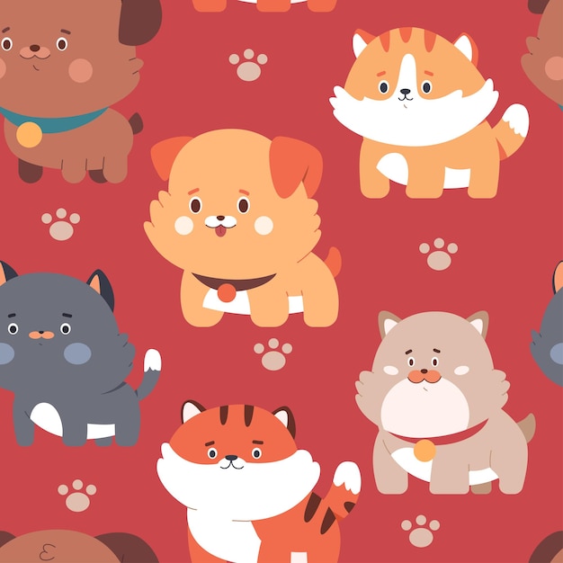 Vector lindo cachorros y gatitos de dibujos animados vectoriales de fondo sin costuras