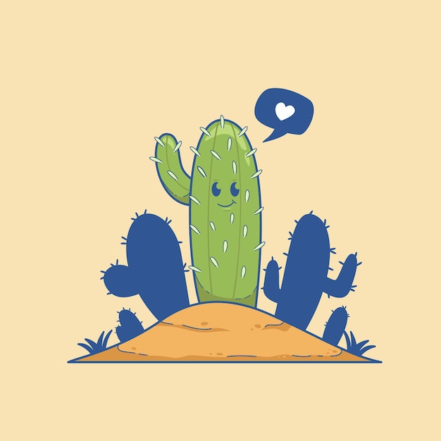 Lindo cactus en arena ilustración dibujos animados vector mascota personaje
