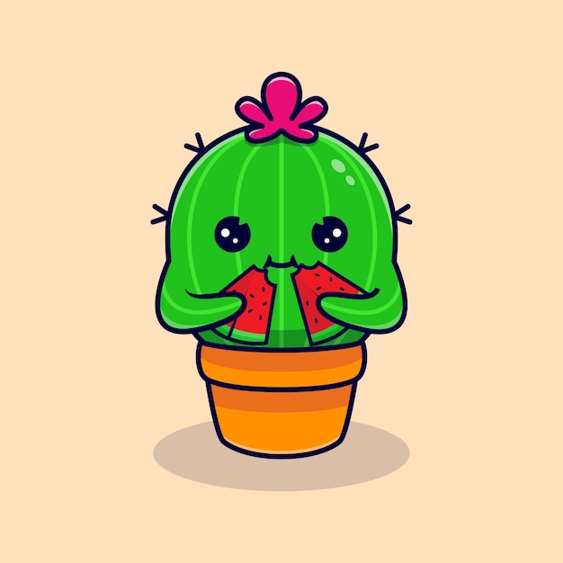 Lindo cactus comiendo sandía. caricatura plana