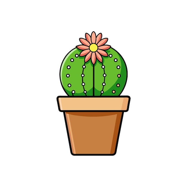 Un lindo cactus de dibujos animados con una flor rosada en una olla marrón