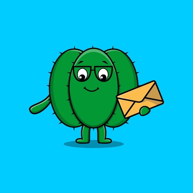 Lindo cactus de dibujos animados con sobre con estilo de ilustración vectorial de dibujos animados
