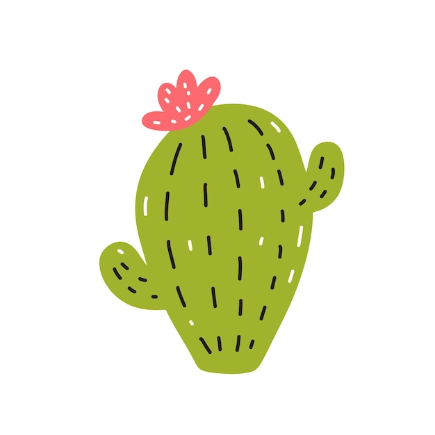 Lindo cactus con una flor aislada sobre fondo blanco Clipart botánico en estilo plano dibujado a mano