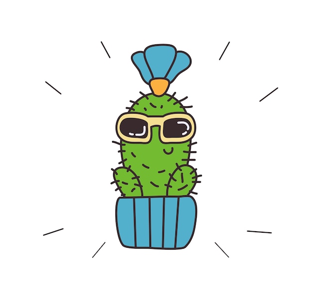 Lindo cactus con una flor en gafas de sol carácter vectorial