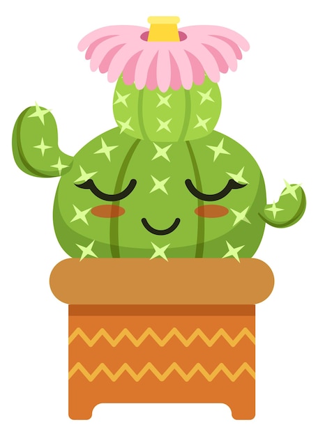 Vector lindo cactus floreciente con cara kawaii maceta suculenta feliz