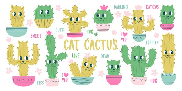 Un lindo cactus de gato con personajes sonrientes y un gatito de kawaii con plantas suculentas en el dibujo de emoticones de la olla.