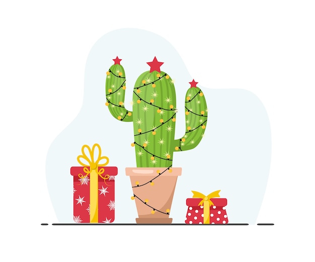 Lindo cactus con guirnaldas de año nuevo. Feliz Navidad. Feliz Navidad.