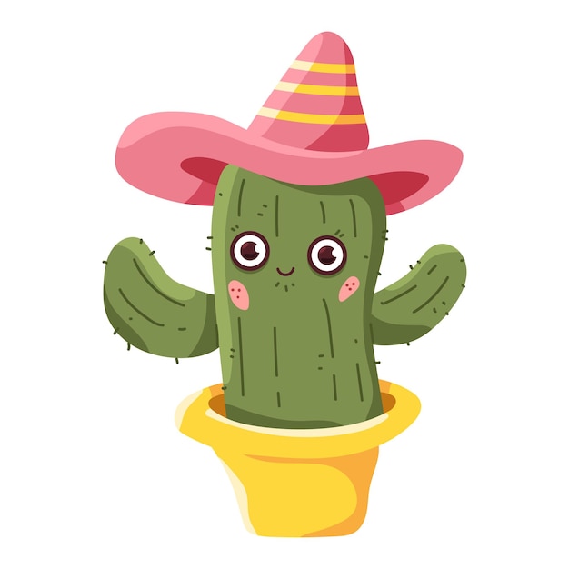 Lindo cactus en maceta en personaje de dibujos animados de vector de sombrero para el sol aislado en un fondo blanco