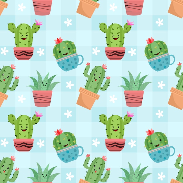 Lindo cactus en macetas de patrones sin fisuras.