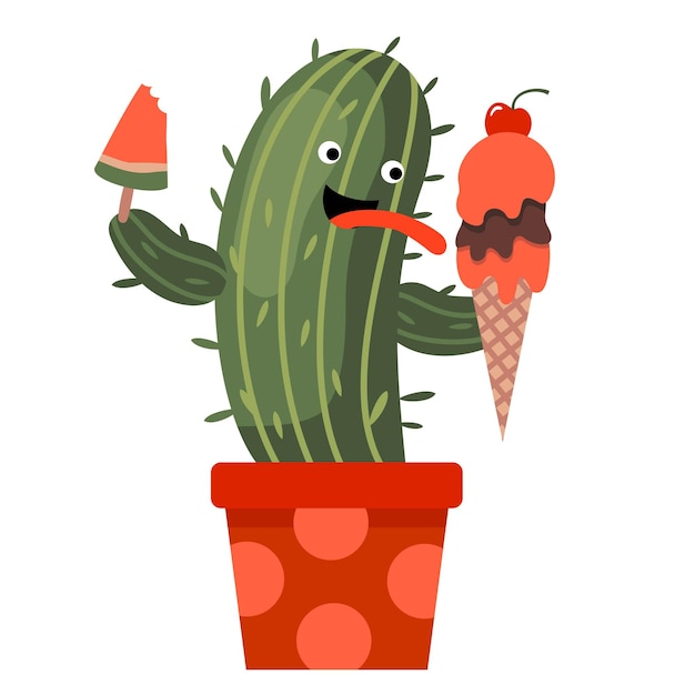 Lindo cactus en una olla comiendo helado.