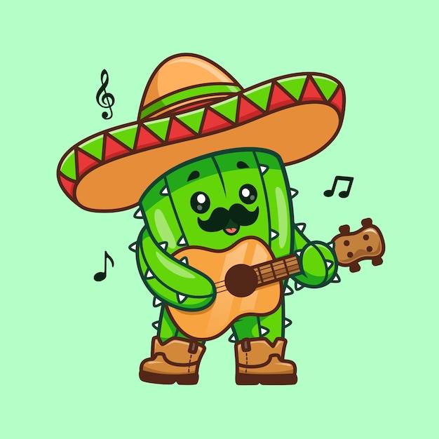 Lindo cactus tocando la guitarra con sombrero sombrero dibujos animados vector icono ilustración naturaleza vacaciones plano