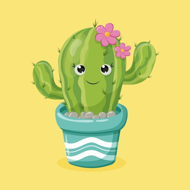 Lindo cactus verde de dibujos animados en una olla azul con flores rosas, una sonrisa y ojos con fondo amarillo