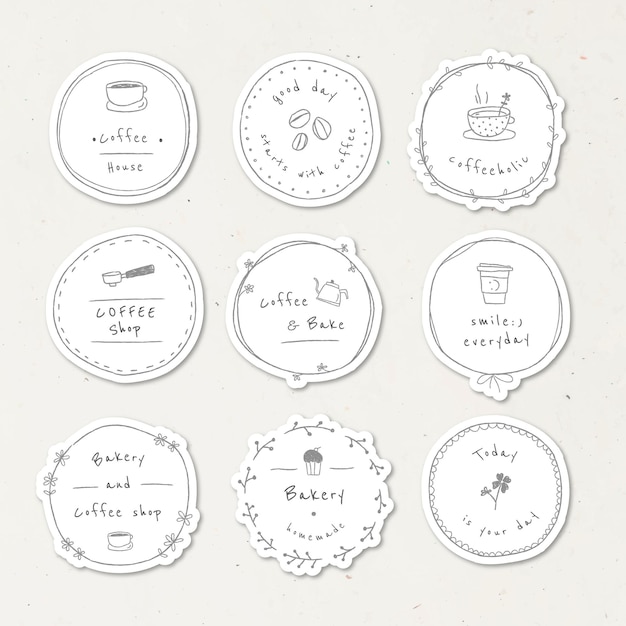 Vector lindo café doodle insignia vector conjunto