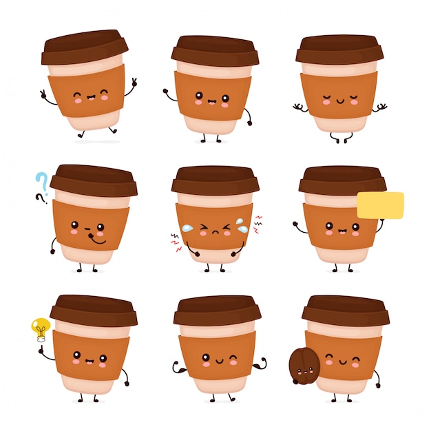 Lindo café feliz taza de papel set colección. Ilustración de personaje de dibujos animados plana. Aislado sobre fondo blanco. Café para llevar, llevar concepto de paquete