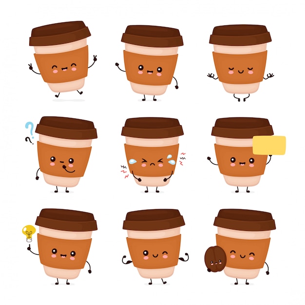 Vector lindo café feliz taza de papel set colección. ilustración de personaje de dibujos animados plana. aislado sobre fondo blanco. café para llevar, llevar concepto de paquete