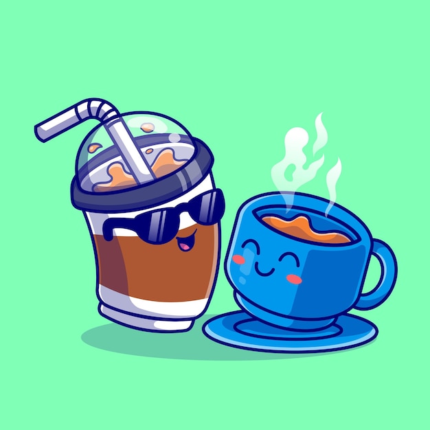 Lindo café helado con ilustración de icono de vector de dibujos animados de café caliente. bebida objeto icono concepto aislado premium vector. estilo de dibujos animados plana