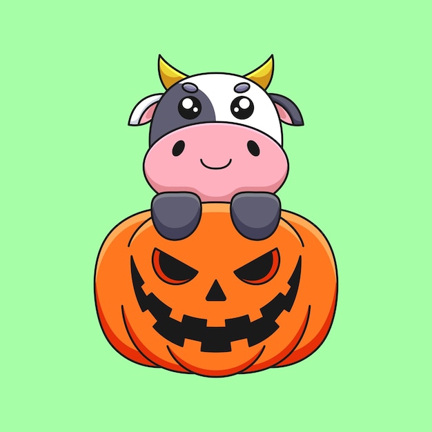 Lindo calabaza vaca halloween dibujos animados mascota doodle arte dibujado a mano concepto vector kawaii icono ilustración