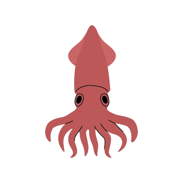 Lindo calamar rojo en estilo de dibujos animados plano animal marino con tentáculos aislados en fondo blanco